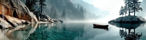Canoe floating on tranquil lake with mountains and forest