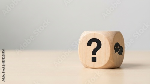 A wooden cube shows a question mark and other symbols on its faces sitting on a surface in front of a light gray background