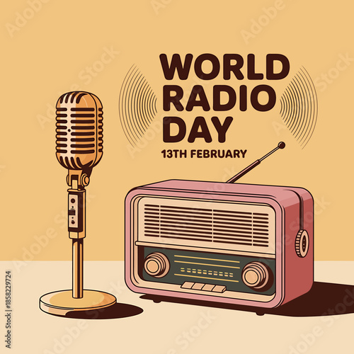 Celebrating world radio day on 13th february with vintage radio and microphone