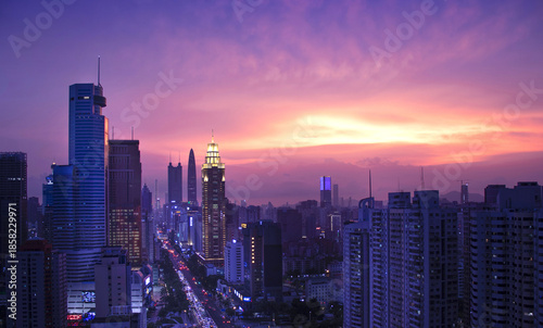 Shenzhen Skyline at Night with Purple Sunset Sky