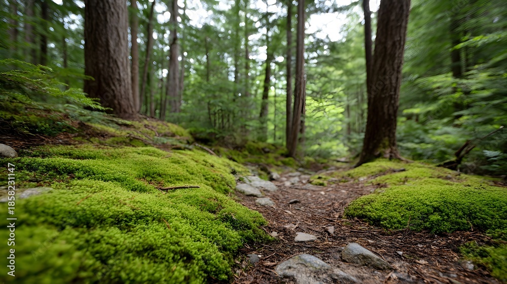 Fototapeta premium A tranquil forest trail meanders through a lush woodland its path carpeted in vibrant green moss and surrounded by tall trees