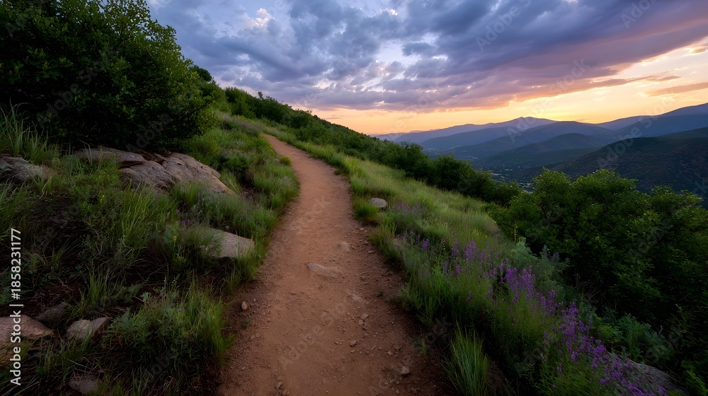 Obraz premium A winding dirt trail leads up a green mountainside towards a colorful sunset sky with distant peaks
