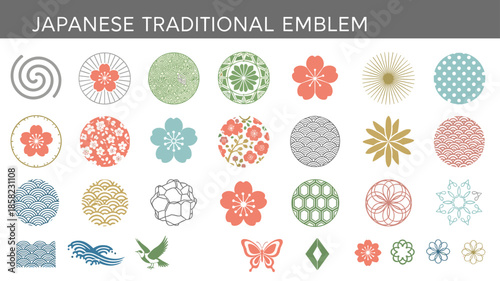 Japanese traditional emblem collection, floral geometric symbols, sakura patterns, kamon inspired icons, colorful flat design, cultural vector set