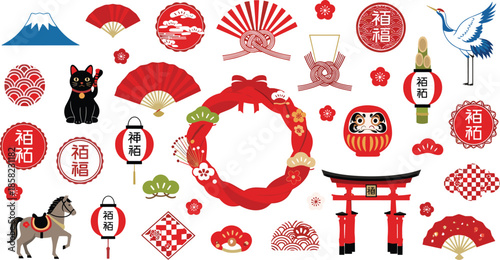 Japanese New Year cultural icons set with Mount Fuji, lucky cat, Daruma, crane, torii gate, plum blossoms - flat vector illustration