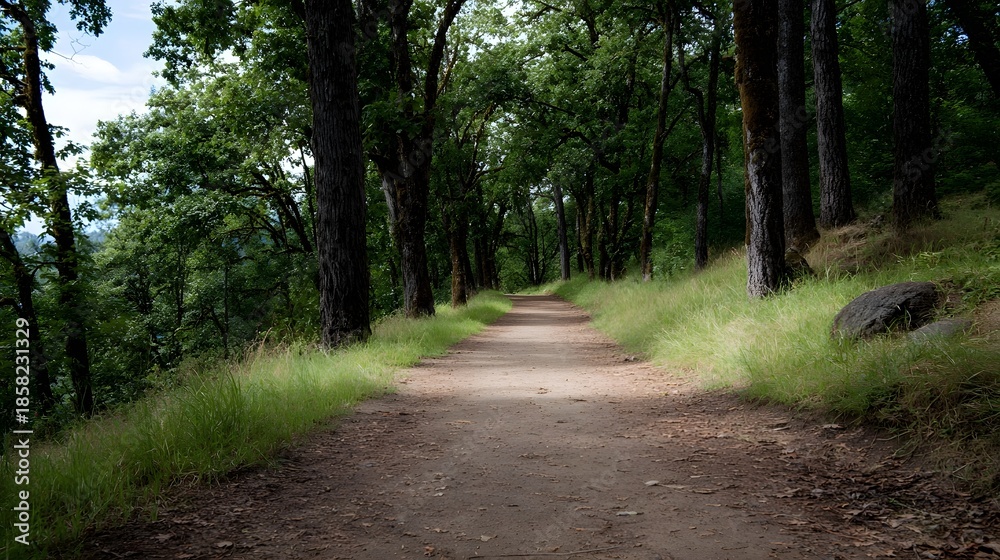 Fototapeta premium A dirt path winds through a sun d d forest with lush green trees on either side