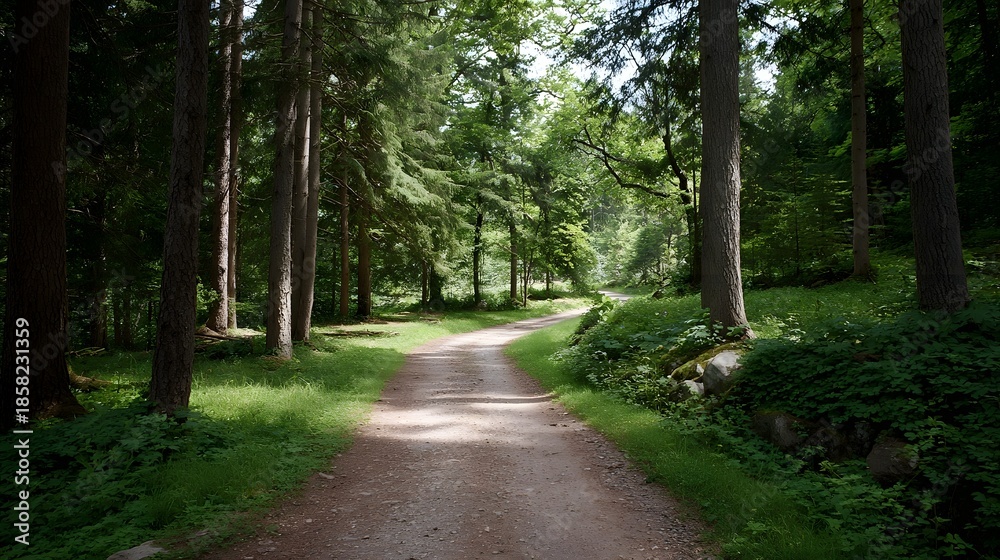 Fototapeta premium A winding dirt path leads through a lush green forest bathed in d d sunlight offering a serene escape into nature
