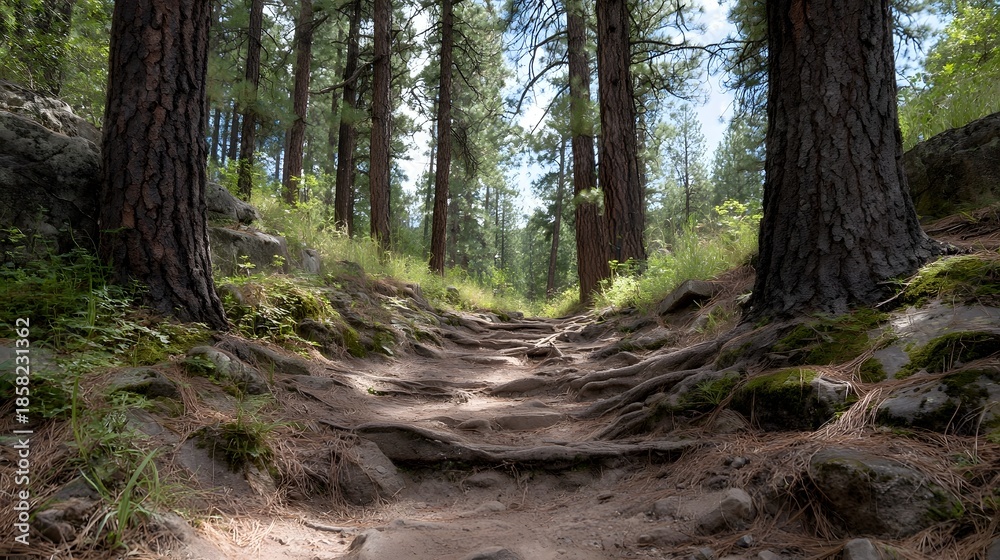 Fototapeta premium A sun d d forest trail winds upwards its path marked by exposed tree roots and rocks