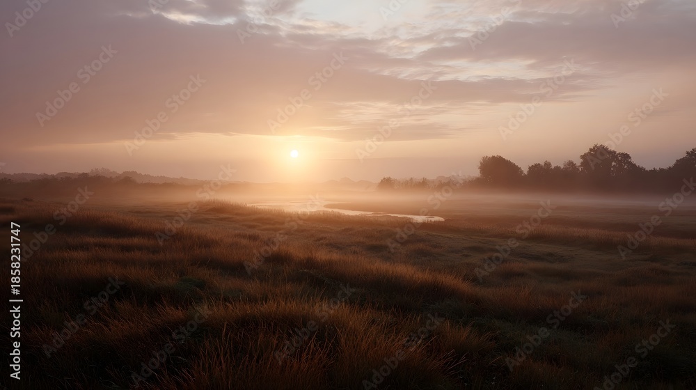 Obraz premium Misty sunrise over a tranquil meadow with golden light and rolling fog