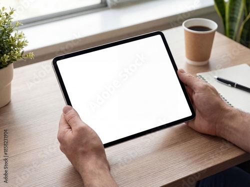Hands Holding Tablet with Blank Screen on Modern Desk