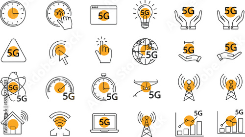 5G technology icons, wireless network speed, fast internet connection, mobile data innovation, global communication, digital signal coverage, modern 