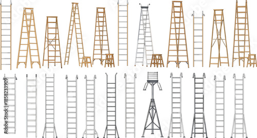 Ladder types vector set with wooden and metal ladders step ladders extension ladders and construction equipment