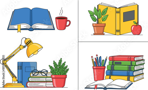 Study and reading workspace vector set with books desk lamp coffee plant and education elements