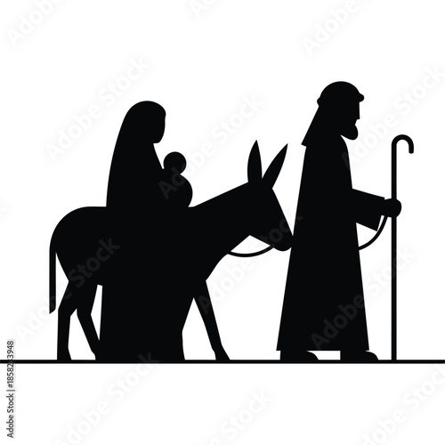 Silhouette of Holy Family on Donkey Journeying Together - Mary Riding with Child, Joseph Walking with Staff