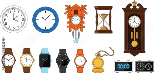 Clock and watch vector set featuring wall clocks wristwatches hourglass alarm clock and timekeeping illustrations