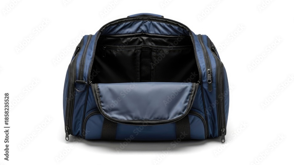 Naklejka premium Blue open duffel bag on white background front view | Hockey, sports, game, equipment.