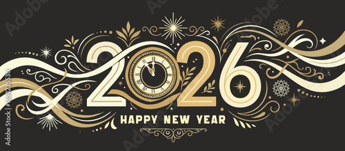 Stylish new year celebration modern elegant holiday festive creative 2026 typography web banner design with countdown clock on abstract midnight background
