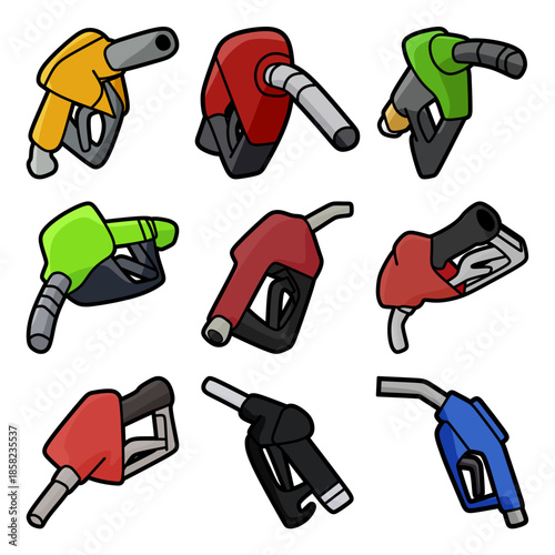 collection of colored vector petrol nozzle image icons