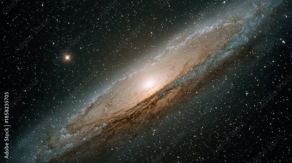 Fototapeta premium Detailed View of Andromeda Galaxy in Deep Space with Countless Stars and Cosmic Dust