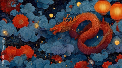 An illustration features an orange dragon weaving amidst blue-gray clouds with red flower accents and glowing lanterns