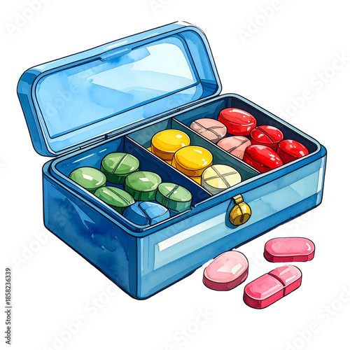 Watercolor pillbox, open to reveal assorted pills, with some pills outside