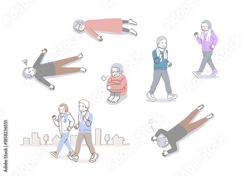 体調不良のシニアと運動をするシニアのイラストセット