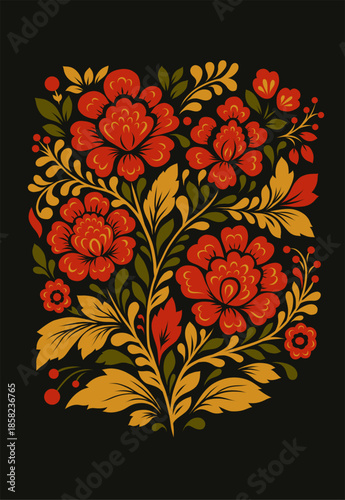 Vector national decorative floral card. Slavic tracery ornament with red flowers on a black background