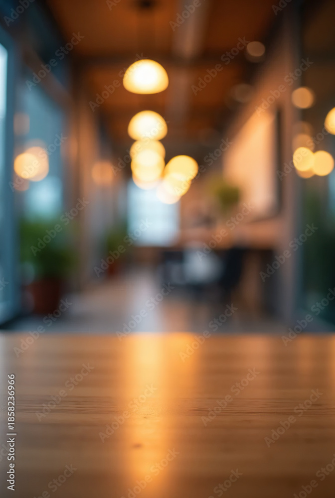 Fototapeta premium Warm illuminated wooden table surface with a soft bokeh background of an inviting indoor space