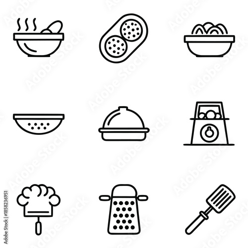 A collection of line art icons representing various kitchen utensils and food preparation items.