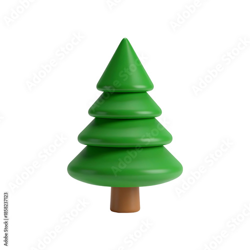 A stylized, cartoon-like rendering of a green evergreen tree with a brown trunk