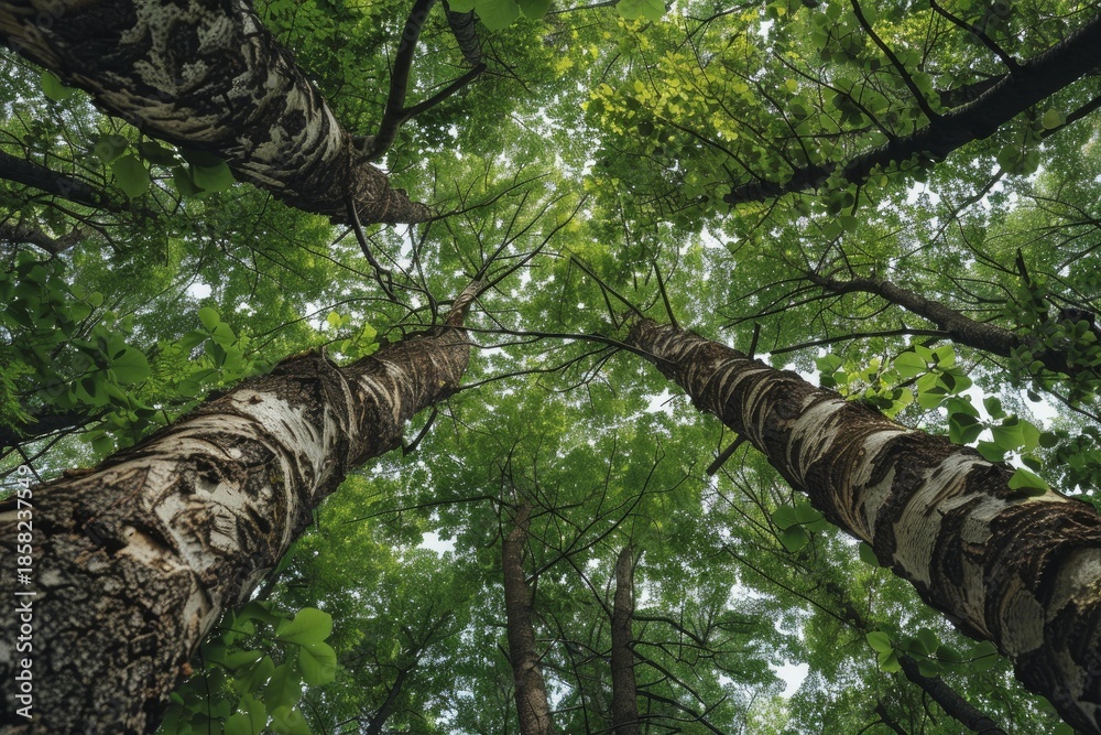 Fototapeta premium Sunlight filters through the lush green canopy of birch trees, creating a breathtaking upward view in a serene forest