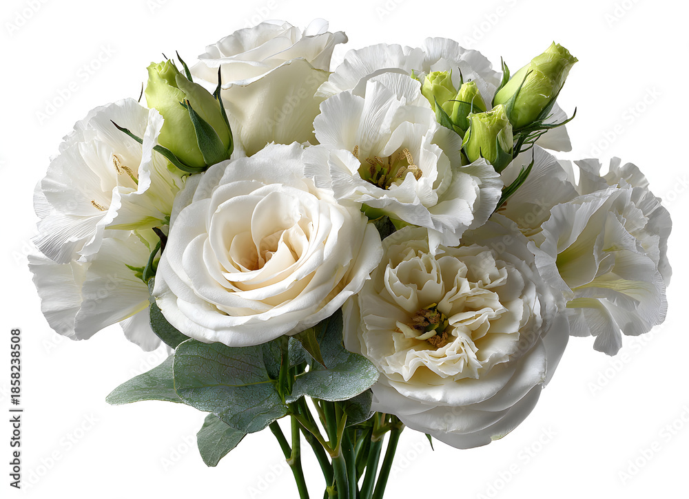 Obraz premium Bouquet of white roses and eustoma flowers isolated