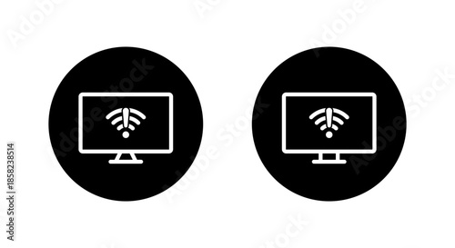 Computer monitor wifi warning icon in black circle. Internet connection error and network problem symbol