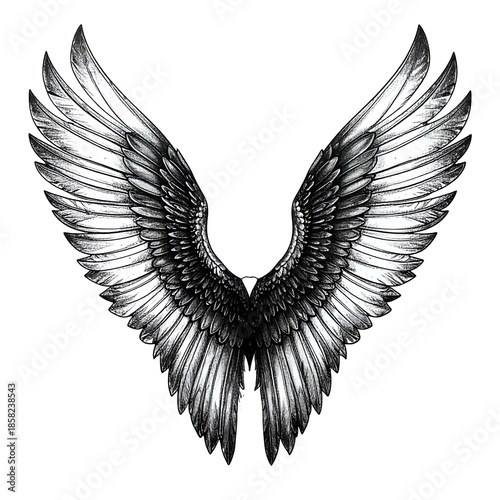 Intricate grayscale depiction of a feathered pair of wings, spread against a black background