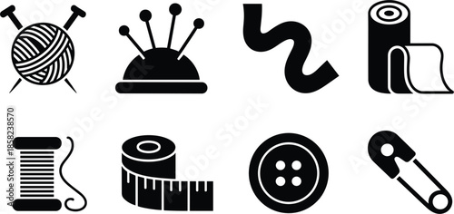 Sewing and tailoring icon set, knitting yarn, pin cushion, fabric roll, thread spool, measuring tape, and button symbols