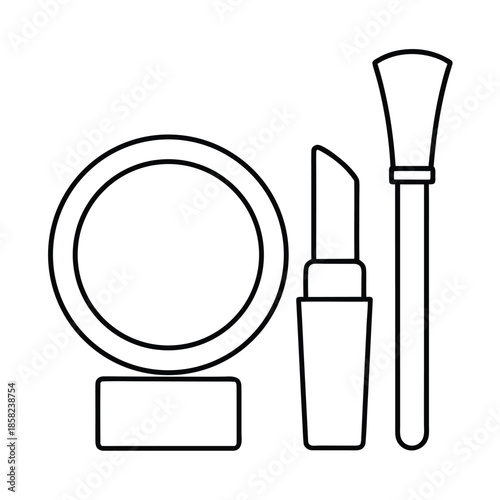 A simple line drawing depicts a compact powder, lipstick, and makeup brush.