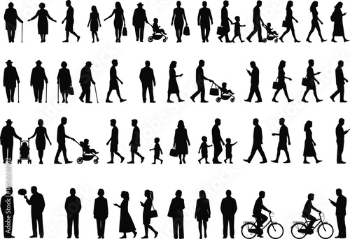 Human silhouettes, everyday life, family figures, walking people, cycling design, parenting concept, social interaction, urban lifestyle, demographic study, community illustration