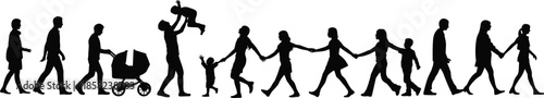 Large multigenerational family walking together, parents, children, toddlers, baby stroller, holding hands, outdoor activity, happy moments, silhouette, diverse ages, white background.