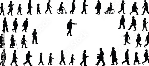 Human life stages silhouette, people walking evolution, growing and aging process, age diversity, mobility changes, human development timeline, vector graphic illustration