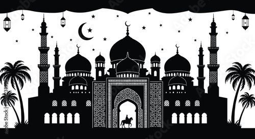 Islamic mosque silhouette with crescent moon and stars, hanging lanterns, palm trees, Arabian architecture, night sky, Muslim culture, faith, devotion