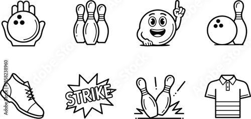 Bowling sports and recreation line icon set, strike symbol, ball and pins, bowling shoes, and competition equipment elements