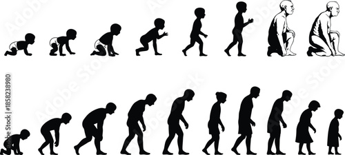 Human growth and aging evolution from crawling baby to elderly adult, silhouette timeline of life stages, life cycle, development, and decline concept