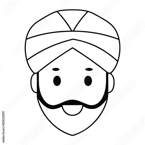 A simple black and white line drawing depicts the head of a man wearing a turban and a beard.
