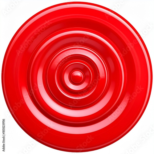 Vibrant Red Circular Object with Concentric Rings on White Background.