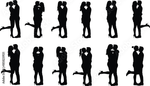 Romantic couple kissing silhouette, love and intimacy, passionate embrace, relationship affection, happy lovers, romantic moments, black vector art, togetherness, emotional connection