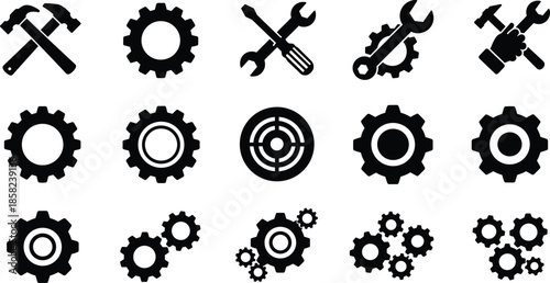 Industrial gear icons, black and white tools set, mechanical cogwheel symbols, engineering elements, repair tools vector, settings concept illustration.
