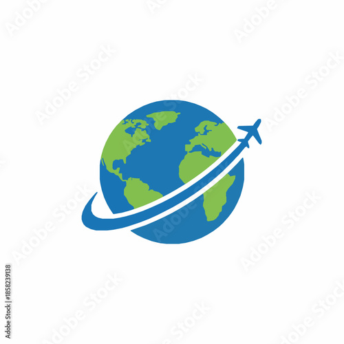 Global travel and tour logo vector with globe and airplane route design