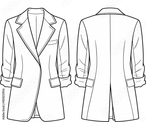 Men’s casual blazer jacket, rolled sleeve coat, front and back views, tailored fit, stylish outerwear, detailed vector flat illustration