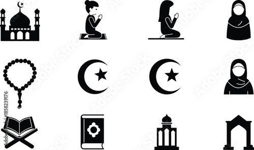 Islamic icon set, Muslim woman praying, Quran book, prayer beads, mosque, crescent star, hijab girl, worship symbols, religious vector design