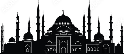 Islamic mosque silhouette, traditional architecture, Ottoman style minarets, domes and arches, black white design, religious vector, Muslim landmark illustration