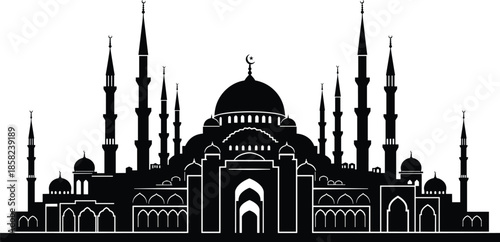Islamic mosque silhouette, black white design, Ottoman style, religious architecture, domes and minarets, Muslim skyline, vector art, prayer place